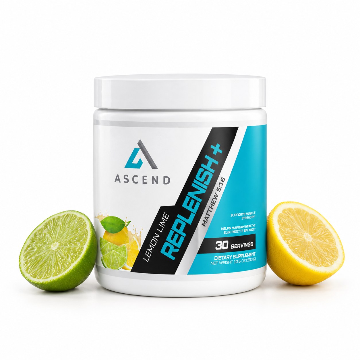 Ascend Replenish+ Lemon Lime 30-serving tub with a lime and a lemon.