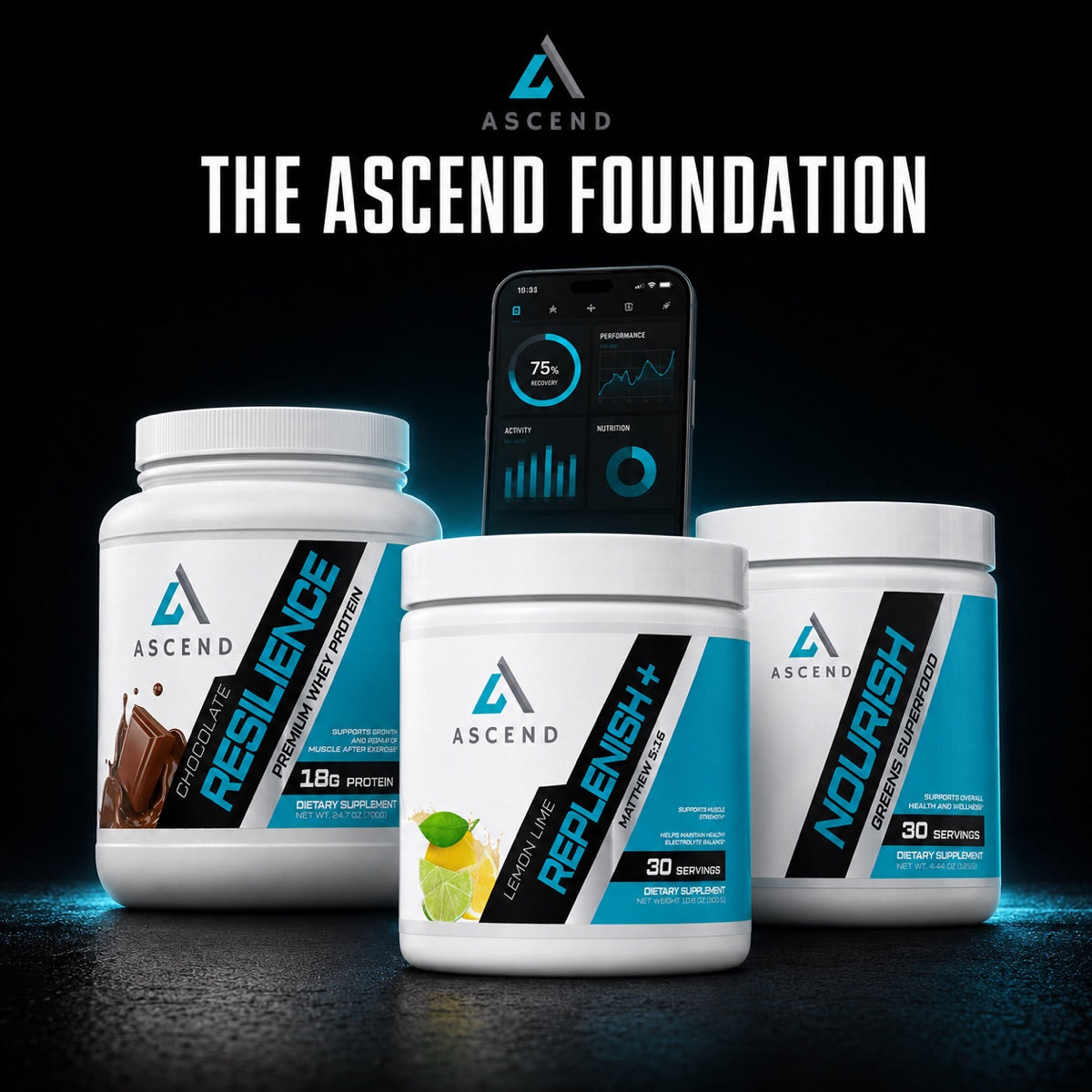 Everything in The Ascend Foundation: Replenish+ creatine and electrolytes, Resilience whey protein isolate, Nourish greens and reds, plus 90 days of the Ascend app